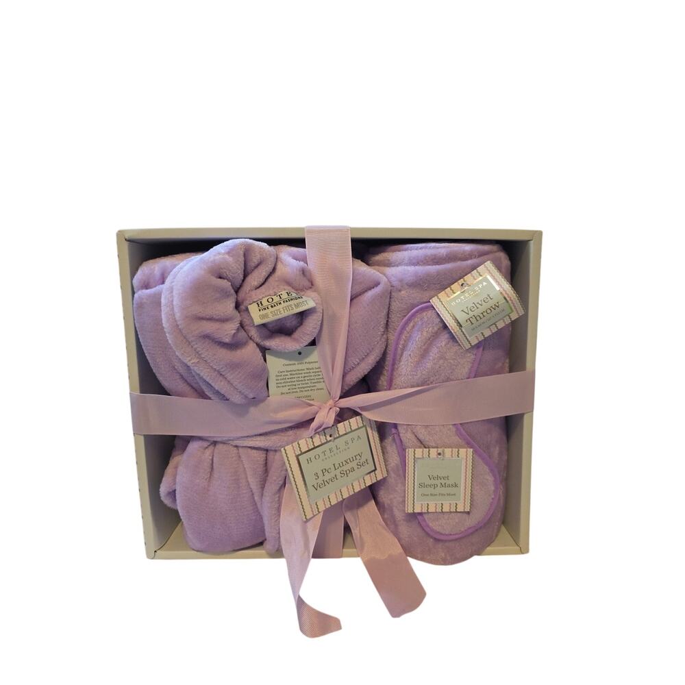Hotel Spa 3 Piece Luxury Velvet Spa set Light Purple Robe Throw Sleep Mask...